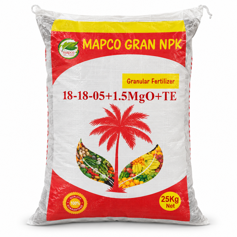 مابكو جران NPK 18-18-5 + 1.5MgO + TE وزن 25 كجم بخلفية بيضاء