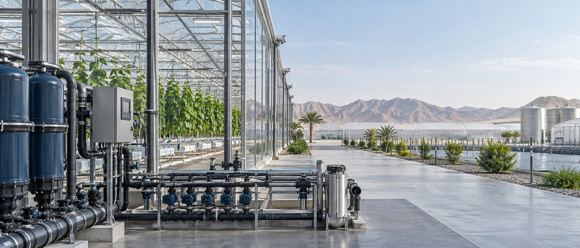 Modern UAE farm, greenhouse, crops and professional agricultural supplies